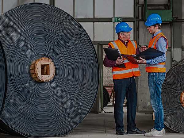 two workers talking