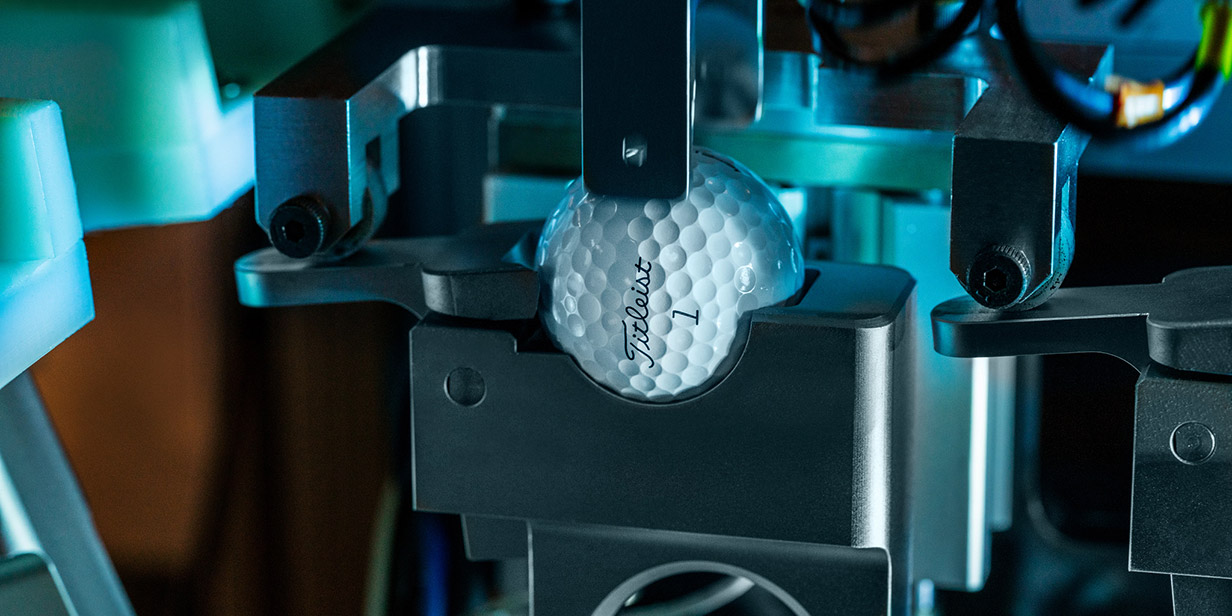 A Titleist golf ball at a golf ball plant in New Bedford, Massachusetts, USA.