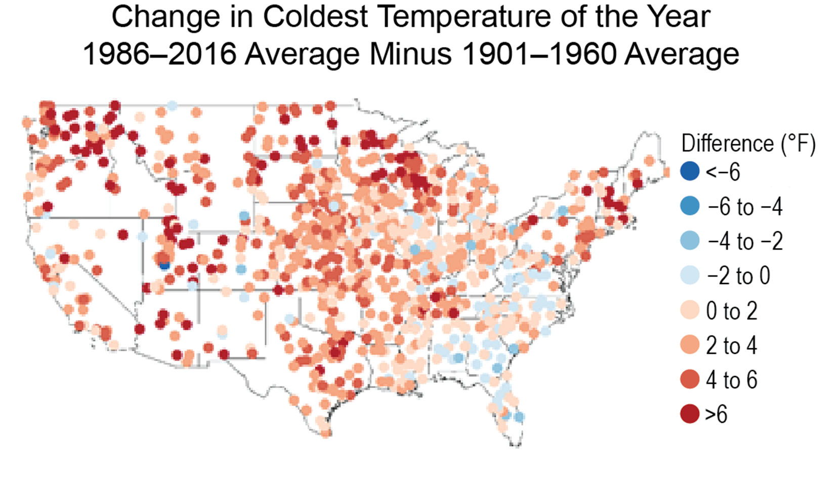 Change in Coldest Temperature of the Year