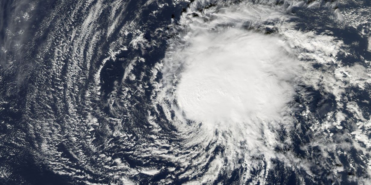 A tropical storm swirls over the Atlantic Ocean.