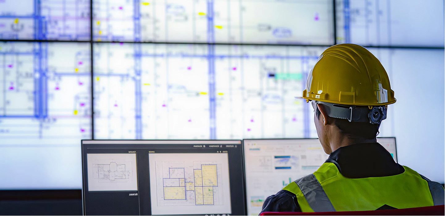 Industrial engineering works in front of monitor