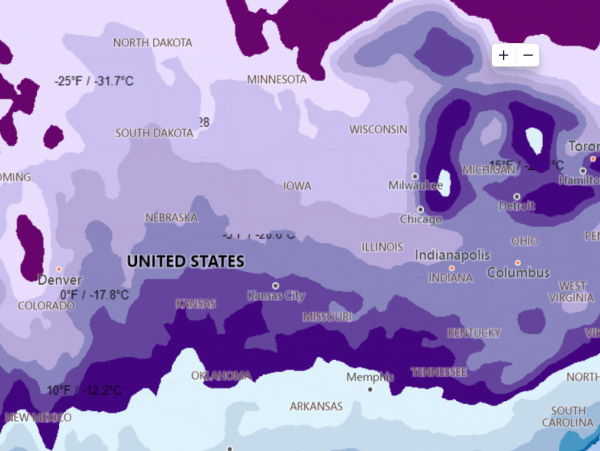 U.S. weather map showing temperature variations in shades of purple, with colder areas like North Dakota marked at -25°F 