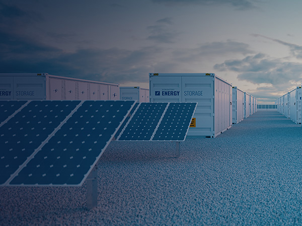 solar panels and energy storage containers at a renewable energy facility