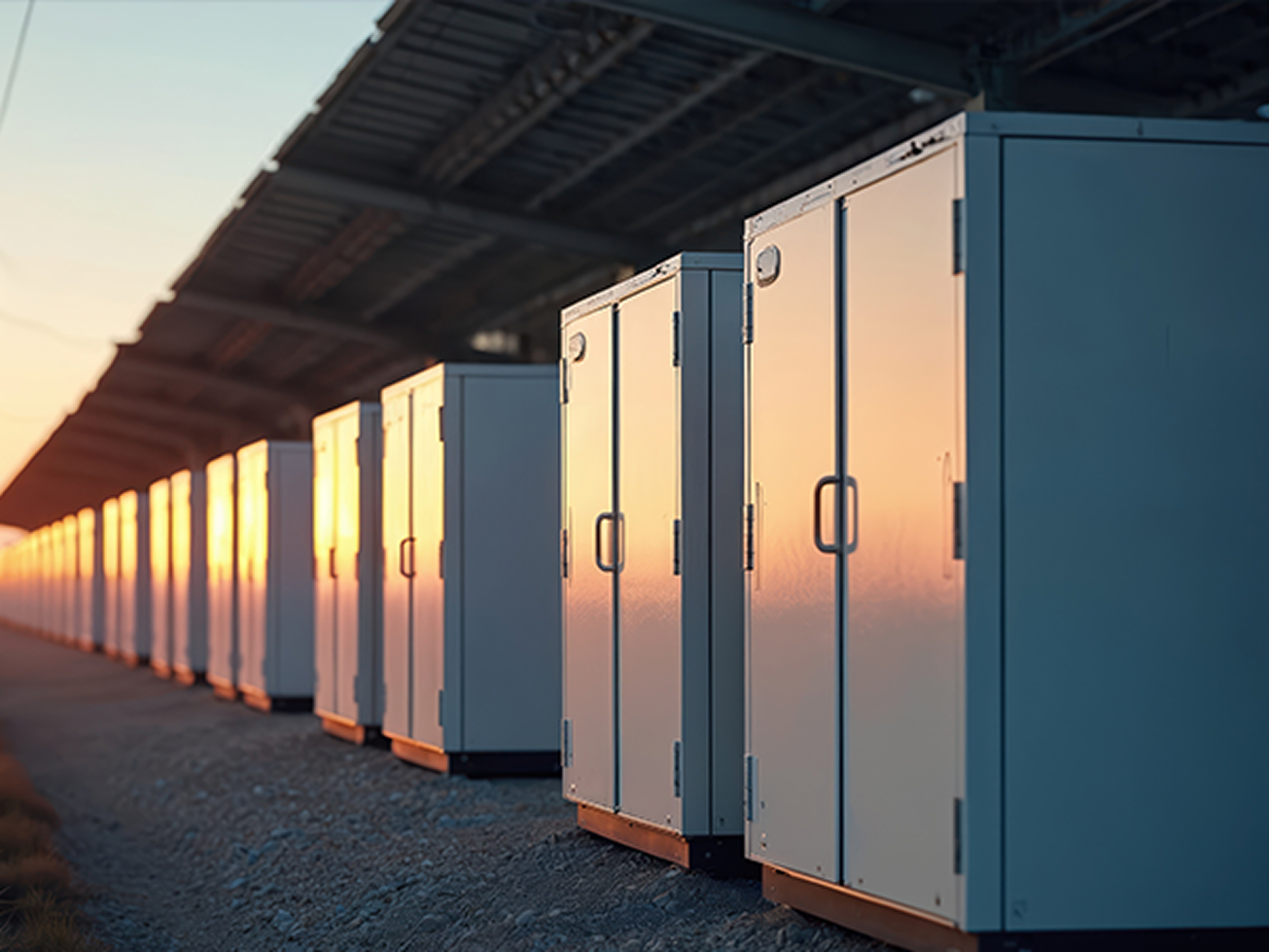 row of industrial battery storage units under a solar panel structure at sunset